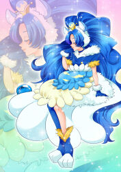 Rule 34 | 1girl, animal ears, blue choker, blue footwear, blue gloves, blue hair, blue pantyhose, blue shirt, blue skirt, bubble skirt, choker, closed eyes, closed mouth, crown, cure gelato, cure gelato (a la mode style), facing to the side, from side, fur-trimmed gloves, fur trim, gloves, highres, kirakira precure a la mode, layered skirt, lion ears, long hair, magical girl, mini crown, pantyhose, parted bangs, pota0606119, precure, profile, shirt, shoes, single bare leg, single leg pantyhose, skirt, smile, solo, sparkle, tategami aoi, very long hair, white skirt, zoom layer