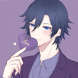 Rule 34 | 1boy, black hair, blue eyes, blush, checkered clothes, checkered shirt, closed mouth, commentary request, face, hair between eyes, hasu (selisa), heart, highres, holding, holding heart, ichinose tokiya, jacket, long sleeves, looking at viewer, male focus, purple background, purple eyes, purple jacket, purple shirt, purple theme, shirt, simple background, smile, solo, uta no prince-sama