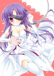 1girl bad_id bad_pixiv_id bouquet bow cuffs dress elbow_gloves eyepatch female_focus flower garter_belt gloves handcuffs long_hair mirai_nikki purple_hair red_eyes ribbon sidelocks solo suihi uryuu_minene wedding_dress