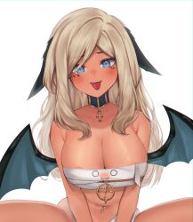 Rule 34 | 1girl, absurdres, animal ears, ankh, areola slip, bandages, bare shoulders, blonde hair, blue eyes, breasts, cleavage, collarbone, dark-skinned female, dark skin, dragon ears, dragon wings, egyptian art, facial mark, facial tattoo, fangs, heart, heart facial mark, heart tattoo, highres, indie virtual youtuber, large breasts, leaning forward, long hair, looking at viewer, midriff, naked bandage, navel, navel piercing, piercing, simple background, sky above me, smile, solo, spread legs, strapless, swept bangs, tattoo, tongue, tongue out, trickywi, tube top, upper body, usekh collar, v arms, virtual youtuber, white background, wings
