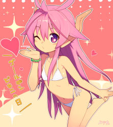 Rule 34 | 1girl, armpit crease, barefoot, bikini, blowing kiss, borrowed character, bracelet, collarbone, commentary request, dragon horns, flat chest, heart, horns, jewelry, looking at viewer, metata, navel, one eye closed, open mouth, original, pearl bracelet, petite, pink eyes, pink hair, pointy ears, solo, standing, standing on one leg, star (symbol), star in eye, suzuka sutera (axiacid), swimsuit, symbol in eye, translation request, white bikini