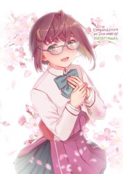Rule 34 | 1girl, banned artist, blazer, blue-framed eyewear, brown hair, cherry blossoms, commentary request, commission, cowboy shot, dress, glasses, green eyes, green neckwear, hand on own chest, jacket, jewelry, kantai collection, multicolored hair, nacht (nacht 01), okinami (kancolle), okinami kai ni (kancolle), petals, pink hair, pleated dress, purple dress, ring, school uniform, short hair, solo, wedding band