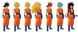 Rule 34 | dragon ball, dragonball z, highres, male focus, multiple persona, simple background, son goku, super saiyan, super saiyan 2, super saiyan 3, super saiyan 4, super saiyan god, super saiyan god ss