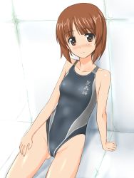 10s 1girl bad_id bad_twitter_id brown_eyes brown_hair competition_swimsuit female_focus girls_und_panzer highres nishizumi_miho one-piece_swimsuit short_hair solo swimsuit takafumi