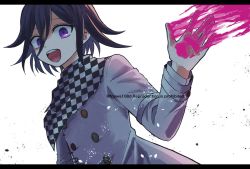 Rule 34 | 108 (toowa), 1boy, :d, blood, buttons, checkered clothes, checkered scarf, danganronpa (series), danganronpa v3: killing harmony, grey background, grey jacket, hair between eyes, highres, jacket, letterboxed, long sleeves, looking at viewer, male focus, open mouth, oma kokichi, pink blood, purple eyes, scarf, short hair, simple background, smile, solo, straitjacket, teeth, twitter username, upper body, upper teeth only, white background
