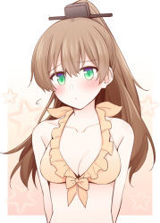 Rule 34 | 1girl, aqua eyes, arms behind back, bare shoulders, bikini, blush, bow, breasts, brown hair, cleavage, closed mouth, collarbone, commentary, flying sweatdrops, frilled bikini, frills, front-tie bikini top, front-tie top, high ponytail, kantai collection, kumano (kancolle), long hair, looking at viewer, medium breasts, ponytail, revision, rui shi (rayze ray), solo, star (symbol), starry background, swimsuit, upper body, yellow bikini, yellow bow