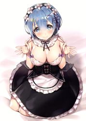 Rule 34 | 1girl, absurdres, apron, ayamy, bare arms, bare shoulders, black dress, black ribbon, blue eyes, blue hair, blush, breasts, circle skirt, cleavage, closed mouth, detached collar, dress, female focus, from above, full body, gradient background, hair between eyes, hair ornament, hands up, headdress, highres, kneeling, large breasts, looking at viewer, looking up, maid, maid apron, matching hair/eyes, re:zero kara hajimeru isekai seikatsu, rem (re:zero), ribbon, scan, short hair, sidelocks, simple background, sitting, smile, solo, strap pull, underbust, waist apron, x hair ornament