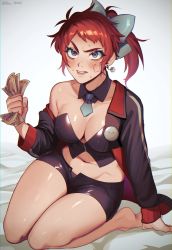 Rule 34 | 1girl, arm support, banknote, barefoot, baru (bar 0405), black jacket, black shorts, blush, bow, breasts, cleavage, copyright request, dice earrings, green bow, highres, holding, holding money, jacket, large breasts, long sleeves, looking at viewer, money, navel, necktie, open clothes, open shorts, original, ponytail, red hair, red jacket, shiny clothes, shiny skin, short necktie, shorts, simple background, solo, stomach, teeth, white background