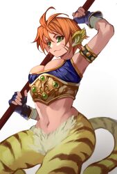 Rule 34 | 1girl, :3, animal ears, arm up, arm wrap, armlet, bodice, breasts, breath of fire, breath of fire ii, cat ears, cat tail, cleavage, commentary request, danryoku (ucrh3525), fingerless gloves, gloves, gradient background, highres, holding, holding staff, looking at viewer, looking down, medium breasts, navel, no pants, purple gloves, red hair, rinpoo chuan, slit pupils, smirk, staff, stomach, striped fur, striped skin, studded armlet, tail, white background, yellow fur