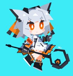 Rule 34 | 1girl, absurdres, arknights, armband, black footwear, black gloves, blue background, blush stickers, chibi, closed mouth, dress, full body, gloves, grey hair, grey jacket, highres, holding, holding staff, jacket, long sleeves, nuu (nu-nyu), open clothes, open jacket, orange eyes, ptilopsis (arknights), shoes, short eyebrows, signature, simple background, single thighhigh, solo, staff, thick eyebrows, thighhighs, white dress, white thighhighs