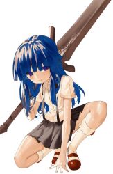 Rule 34 | 1girl, arm support, black skirt, blue eyes, blue hair, closed mouth, commentary, english commentary, furude rika, higurashi no naku koro ni, holding, holding sword, holding weapon, long hair, looking at viewer, red footwear, shirt, short sleeves, simple background, skirt, smile, socks, solo, squatting, suspenders, sword, tomatolover16, weapon, white background, white shirt, white socks