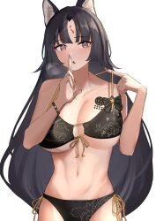 Rule 34 | 1girl, 360 (taiyo360), absurdres, animal ears, arknights, bikini, black bikini, black hair, bracelet, breasts, brown eyes, collarbone, dog ears, dog girl, facial mark, forehead mark, highres, jewelry, large breasts, long hair, looking at viewer, navel, open mouth, saga (arknights), simple background, solo, standing, stomach, swimsuit, white background