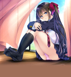 Rule 34 | 1girl, ahoge, arms on knees, ass, black jacket, black skirt, black socks, blue eyes, blue sky, bra, bra visible through clothes, bralines, breasts, breasts on lap, brown hair, bursting breasts, cleavage, closed mouth, curtains, dakikano, day, grass, hair ribbon, highres, indoors, jacket, kisaragi sayo, kneehighs, knees up, large breasts, lens flare, long hair, looking at viewer, necktie, no shoes, official art, panties, pink bra, pink panties, plaid, plaid necktie, plaid neckwear, plaid skirt, pleated skirt, red necktie, ribbon, shirt, sidelocks, sitting, skirt, sky, smile, socks, solo, thighs, thomasz, underwear, white shirt, window, wooden floor
