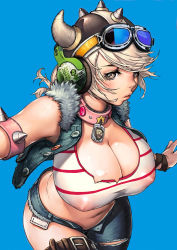 Rule 34 | 1girl, absurdres, animal collar, bad id, bad pixiv id, belt, blonde hair, blue background, blush, breasts, brown eyes, buckle, cleavage, collar, covered erect nipples, curvy, denim, fur trim, goggles, goggles on headwear, hat, headphones, highres, horns, jacket, jeans, large breasts, lips, navel, nipples, oinari risuru, open clothes, open jacket, original, pants, parted lips, see-through, see-through silhouette, short hair, simple background, solo, striped, thick thighs, thighs, torn clothes, torn jeans, torn pants, wide hips