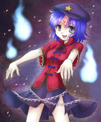 Rule 34 | 1girl, blouse, blue eyes, blue hair, chinese clothes, fang, female focus, fingernails, gradient background, hat, hitodama, looking at viewer, matching hair/eyes, mitsucho, miyako yoshika, ofuda, open mouth, outstretched arms, petals, ribbon, shirt, short hair, skirt, solo, star (symbol), touhou, zombie pose