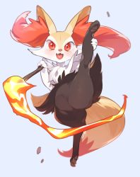 Rule 34 | 1girl, :3, animal ear fluff, animal ears, animal feet, animal hands, animal nose, arm up, black fur, blue background, blush, body fur, braixen, creatures (company), fang, female focus, fire, fox ears, fox girl, fox tail, furry, furry female, game freak, gen 6 pokemon, hand up, happy, heart, heart in mouth, highres, holding, holding stick, kneepits, leg up, looking at viewer, mizone, neck fur, nintendo, open mouth, pawpads, pokemon, pokemon (creature), red eyes, simple background, skin fang, smile, solo, split, spread legs, standing, standing on one leg, standing split, stick, tail, white fur, yellow fur