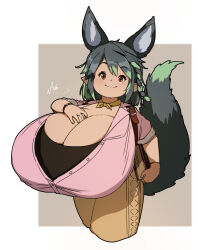 Rule 34 | 1girl, absurdres, animal ears, black hair, black shirt, book, breasts, brown background, brown skirt, cleavage, dot nose, female focus, fox ears, fox girl, fox tail, gigantic breasts, green hair, highres, holding, holding book, looking at viewer, multicolored hair, naze, original, pink shirt, pointy ears, red eyes, shirt, skirt, smile, solo, standing, tail, tail raised, taut clothes, taut shirt, two-tone hair