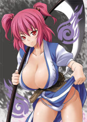 Rule 34 | 1girl, breasts, cleavage, clothes lift, dress, dress lift, female focus, hair bobbles, hair ornament, huge breasts, onozuka komachi, panties, red hair, scythe, soba (saz), solo, touhou, twintails, two side up, underwear, weapon