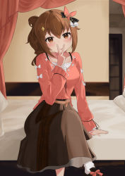 Rule 34 | 1girl, absurdres, bed, blush, brown eyes, brown hair, cunnilingus gesture, hair ornament, highres, hololive, on bed, one side up, sitting, skirt, solo, star (symbol), star hair ornament, tokino sora, tongue, tongue out, toriaki, v, virtual youtuber
