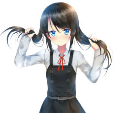 Rule 34 | 10s, 1girl, asashio (kancolle), bad id, bad pixiv id, belt, black hair, blue eyes, blush, bunching hair, buttons, double-breasted, dress, hair between eyes, hands up, holding, holding hair, kantai collection, long hair, long sleeves, looking at viewer, neck ribbon, pinafore dress, puririn, red ribbon, ribbon, school uniform, simple background, sleeveless, sleeveless dress, smile, solo, twintails, white background