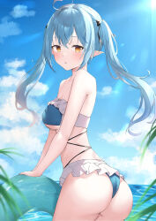 Rule 34 | 1girl, absurdres, ahoge, ass, bikini, blue bikini, blue hair, blue sky, blurry, blush, breasts, cilu shinomori, cloud, cloudy sky, commentary, day, depth of field, frilled bikini, frills, from behind, highres, hololive, innertube, long hair, looking at viewer, looking back, ocean, outdoors, pointy ears, sky, small breasts, solo, standing, sunlight, swim ring, swimsuit, twintails, virtual youtuber, yellow eyes, yukihana lamy