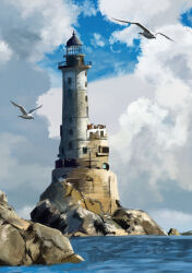 Rule 34 | absurdres, bird, cloud, cloudy sky, day, derivative work, highres, lighthouse, no humans, ocean, original, outdoors, rei (lappy mofumofu), scenery, seagull, sky, water