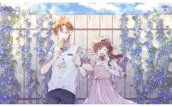 Rule 34 | 1boy, 1girl, :d, artist name, blue sky, brown hair, closed eyes, cloud, cloudy sky, dress, fence, food, holding, holding food, holding hands, kana (ykskkn), long hair, luke pearce (tears of themis), open mouth, outdoors, pink dress, polo shirt, popsicle, rosa (tears of themis), shirt, short hair, short sleeves, sky, smile, tears of themis, white shirt