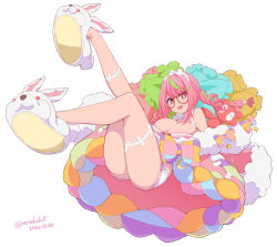 Rule 34 | 1girl, :d, animal ears, animal slippers, ass, azuchi momo, bare shoulders, bow, bra, breasts, bunny slippers, dated, drill hair, glasses, green hair, head scarf, highres, kichihachi, large breasts, legs, legs up, long hair, looking at viewer, loungewear, multicolored bow, multicolored hair, nijisanji, open mouth, pink bra, pink hair, shirt, short shorts, shorts, simple background, slippers, smile, solo, star-shaped pupils, star (symbol), streaked hair, stuffed animal, stuffed toy, symbol-shaped pupils, thigh strap, twin drills, twitter username, underwear, virtual youtuber, white background, white shirt, white shorts