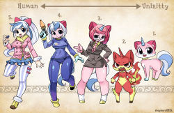 Rule 34 | 3girls, angry, animal ears, arrow (symbol), beige background, black skirt, blue pants, blue skirt, blue sweater, blush stickers, breasts, buttons, cat, cat ears, commentary, fangs, fiery tail, fire, formal, furry, furry female, gun, hair ribbon, hand on own hip, happy, highres, holding, holding gun, holding weapon, horns, long hair, long sleeves, looking at viewer, medium breasts, miniskirt, multiple girls, multiple persona, pants, personification, pink cat, pink hair, pink ribbon, pocket, ponytail, princess unikitty, progression, red cat, ribbon, shepherd0821, shoes, short hair, signature, single horn, skirt, standing, striped clothes, striped thighhighs, suit, sweater, tail, the lego group, the lego movie, thighhighs, vertical-striped clothes, vertical-striped thighhighs, weapon