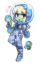 Rule 34 | 1girl, alien, black eyes, blonde hair, blue footwear, blue gloves, boots, brain scrambler, breasts, colored skin, creature and personification, energy gun, full body, furrowed brow, gloves, green skin, gun, heart, helmet, holding, holding gun, holding weapon, knee boots, leg up, medium breasts, no nose, nyong nyong, personification, ray gun, short hair, simple background, solo, space helmet, terraria, weapon, white background