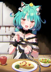 Rule 34 | 1girl, absurdres, animal ear fluff, animal ears, brown eyes, cat day, cat ears, chain, chained, dorianpanda, fang, food, green hair, head tilt, highres, holding, holding spoon, hololive, looking at viewer, omelet, omurice, open mouth, plate, pov, salad bowl, short twintails, solo, spoon, table, twintails, uruha rushia, uruha rushia (3rd costume), virtual youtuber, yandere