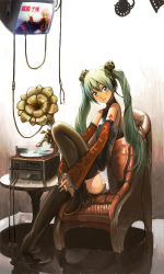 Rule 34 | 1girl, blue nails, boots, cable, china dress, chinese clothes, detached sleeves, dress, green eyes, green hair, hatsune miku, headphones, highres, lace, legs, long hair, matching hair/eyes, megurine luka, motsu rebaa, nail polish, phonograph, sitting, smile, solo, tattoo, television, thigh boots, thighhighs, twintails, vocaloid, water, zipper