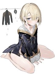 Rule 34 | 1boy, absurdres, androgynous, bare legs, barefoot, between legs, black coat, blonde hair, blue eyes, blush, closed mouth, clothes hanger, coat, freckles, freminet (genshin impact), full body, genshin impact, hair over one eye, hand between legs, highres, long sleeves, looking at viewer, male focus, no headwear, no male underwear, short hair, simple background, sitting, solo, wariza, wet, wet clothes, white background, yoko (nz g)