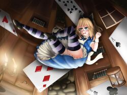 Rule 34 | 1girl, absurdres, abukumacl, alice (alice in wonderland), alice (alice in wonderland) (cosplay), alice in wonderland, blonde hair, blue eyes, blush, candle, card, cosplay, dress, falling, freckles, highres, looking up, original, playing card, ribbon, scared, solo, thighhighs, zettai ryouiki