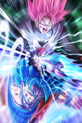 2boys aura battle black_shirt blood blood_from_mouth blue_eyes blue_hair blue_shirt clenched_hands clenched_teeth dougi dragon_ball dragon_ball_super goku_black grey_eyes grey_tunic highres male_focus medium_hair mkmochimochi multiple_boys multiple_views open_mouth orange_shirt pink_hair punching shirt son_goku spiked_hair super_saiyan super_saiyan_blue super_saiyan_rose teeth tunic