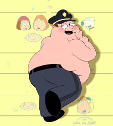 1boy brian_griffin brown_hair chris_griffin cleft_chin family_guy fat fat_man glasses grey_pants hat lois_griffin male_focus meg_griffin pants peter_griffin police_hat round_eyewear seth_macfarlane_(style) sopapapa stewie_griffin toon_(style) topless_male