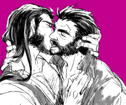 Rule 34 | 2boys, bara, beard, chest hair, closed eyes, collared shirt, couple, cowboy hat, facial hair, french kiss, from side, graves (league of legends), greyscale with colored background, hair slicked back, hand on another&#039;s chest, hat, karipaku, kiss, league of legends, long hair, male focus, mature male, multiple boys, muscular, muscular male, mustache, partially unbuttoned, pectoral cleavage, pectorals, purple background, shirt, short hair, sketch, thick eyebrows, tongue, tongue out, twisted fate, upper body, yaoi