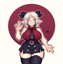 Rule 34 | animal ears, baphomet (grizz), blunt bangs, breasts, closed eyes, collared shirt, curvy, demon girl, goat ears, goat girl, helltaker, highres, large breasts, necktie, pentagram, pinstripe pattern, shirt, striped, suspenders, thick thighs, thighhighs, thighs, white hair, wide hips
