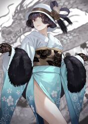 Rule 34 | 1girl, bare legs, black eyes, black gloves, black hair, blue kimono, bob cut, closed mouth, dragon, dragon background, eastern dragon, facing to the side, floral print, floral print kimono, floral print sash, fur shawl, gloves, hat, hat feather, hat ornament, highres, japanese clothes, kaoming, kimono, lace, lace gloves, light smile, long sleeves, looking at viewer, medium hair, multicolored clothes, multicolored kimono, nanjou ao, new year, original, sash, shawl, side slit, smile, solo, white kimono