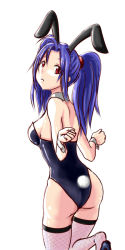 Rule 34 | 1girl, alternate hairstyle, animal ears, ass, back, bare back, blue hair, breasts, clearite, detached collar, fake animal ears, fishnet thighhighs, fishnets, high heels, idolmaster, idolmaster (classic), leg lift, leg up, legs, leotard, looking at viewer, looking back, miura azusa, playboy bunny, rabbit ears, rabbit tail, red eyes, shoes, short hair, sideboob, simple background, solo, standing, standing on one leg, tail, thighhighs, twintails, white background, wrist cuffs