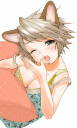 Rule 34 | 1girl, animal ears, blue eyes, blush, bra, breasts, brown hair, camisole, cat ears, cleavage, copyright request, dog ears, face, fangs, inuburo, large breasts, lingerie, one eye closed, original, pillow, short hair, solo, underwear, wink, yawning