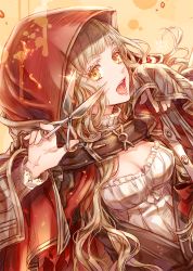 Rule 34 | 1girl, belt, blonde hair, blood, bloody weapon, blunt bangs, bow, breasts, brown belt, cape, cleavage, doro (sabarudoro), holding, holding scissors, hood, hood up, hooded cape, long hair, long sleeves, looking at viewer, open mouth, red bow, red cape, red hood, red riding hood (sinoalice), scissors, simple background, sinoalice, small breasts, solo, splatter, teeth, upper body, wavy hair, weapon, yellow eyes