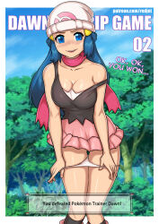Rule 34 | 1girl, bare shoulders, beanie, blue eyes, blue hair, blush, breasts, collarbone, creatures (company), dawn (pokemon), day, dress, english text, feet out of frame, game freak, hair ornament, hat, large breasts, long hair, looking at viewer, nintendo, open mouth, outdoors, panties, pink dress, pink scarf, pokemon, pokemon dppt, redjet, scarf, shiny skin, smile, solo, sweatdrop, underwear, undressing, watermark, web address, white panties