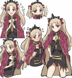 Rule 34 | 1girl, bad id, bad twitter id, blonde hair, blush, cape, cropped torso, earrings, ereshkigal (fate), expressions, fate/grand order, fate (series), gold trim, hair ribbon, highres, jewelry, long hair, looking at viewer, multiple views, nari, necklace, open mouth, red cape, red eyes, red ribbon, ribbon, simple background, sparkle, teshima nari, tiara, tohsaka rin, twintails, two-sided cape, two-sided fabric, two side up, white background, wide-eyed