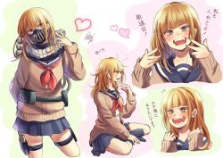 Rule 34 | 10s, 1girl, :d, alternate hairstyle, arm behind back, blonde hair, blunt bangs, blush, boku no hero academia, cardigan, expressions, face, fangs, hair down, hand gesture, happy, heart, long hair, long sleeves, mask, messy hair, multiple views, nanaminn, neckerchief, open mouth, school uniform, serafuku, signature, simple background, sitting, skirt, smile, teeth, text focus, thigh strap, toga himiko, translation request, white background, yellow eyes