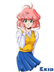 Rule 34 | 1girl, aikawa suzune, arm behind back, blue skirt, clenched teeth, collared shirt, facing viewer, green eyes, hand up, long sleeves, looking at viewer, official art, open mouth, pink hair, pleated skirt, pocket love, raised eyebrows, shirt, short hair, skirt, solo, sweater vest, teeth, white background, white shirt, yellow sweater vest
