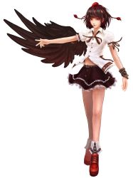 Rule 34 | 1girl, absurdres, black wings, brown hair, expressionless, female focus, full body, hat, highres, looking at viewer, modama, navel, outstretched arm, parted lips, red eyes, shameimaru aya, short hair, single wing, solo, standing, touhou, transparent background, wings, wristband