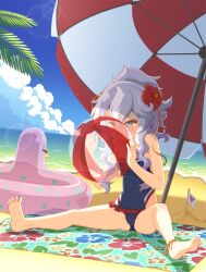 Rule 34 | 1girl, anklet, bad id, bad pixiv id, ball, bare legs, barefoot, beach towel, beach umbrella, beachball, blowing, blue eyes, blue one-piece swimsuit, blush, breasts, cameltoe, cloud, covered navel, day, dutch angle, feet, flower, frilled one-piece swimsuit, frills, full body, girls&#039; frontline, grey hair, hair between eyes, hair flower, hair ornament, hibiscus, high ponytail, highres, holding, holding ball, holding beachball, inflating, innertube, jewelry, legs, lens flare, long hair, mini flag, ocean, one-piece swimsuit, one eye closed, outdoors, pink innertube, ponytail, ribeyrolles (girls&#039; frontline), sand, side slit, sidelocks, sitting, sizque, sky, small breasts, soles, solo, spread legs, spread toes, swim ring, swimsuit, toes, towel, transparent, umbrella, water, wavy hair