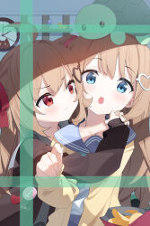 2girls :o :t absurdres ahoge aiee bag_of_chips blue_eyes blue_sailor_collar blush brown_cardigan brown_hair cardigan chips_(food) clock closed_mouth evil_neuro-sama food hair_ornament hair_ribbon heart heart_hair_ornament highres hug hug_from_behind indie_virtual_youtuber indoors long_hair long_sleeves looking_at_viewer multiple_girls neuro-sama open_cardigan open_clothes open_mouth pointing potato_chips pout puffy_long_sleeves puffy_sleeves red_eyes red_ribbon ribbon sailor_collar school_uniform serafuku shirt siblings sisters skirt sleeves_past_wrists teeth turtle twins two_side_up upper_body upper_teeth_only v-shaped_eyebrows vedal987 virtual_youtuber wall_clock white_shirt yellow_cardigan