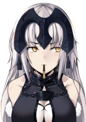 Rule 34 | 1girl, breasts, chain, cleavage, cleavage cutout, clothing cutout, collarbone, fate/grand order, fate (series), food, fur trim, hazuki gyokuto, headpiece, jeanne d&#039;arc (fate), jeanne d&#039;arc alter (avenger) (fate), jeanne d&#039;arc alter (avenger) (third ascension) (fate), jeanne d&#039;arc alter (fate), large breasts, long hair, looking away, mouth hold, pocky, silver hair, simple background, sleeveless, solo, upper body, white background, yellow eyes